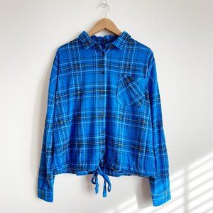 Allie&Rob Women's Long Sleeve Button-Up Drawstring Shirt, Blue Plaid, Size XL